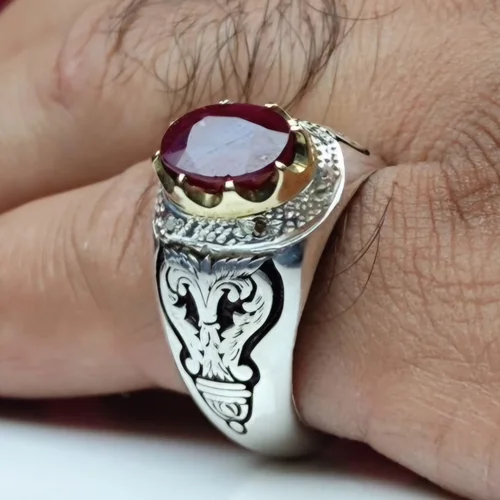 انگشتر نقره یاقوت آفریقایی اصل رکاب دست ساز تاج برنجی ۶عددمخراج برلیان