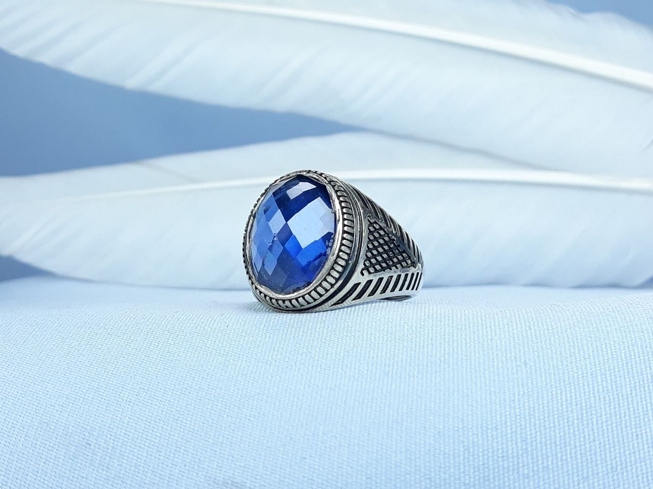 انگشتر نقره طرح یاقوت کبود  رکاب ماشینی