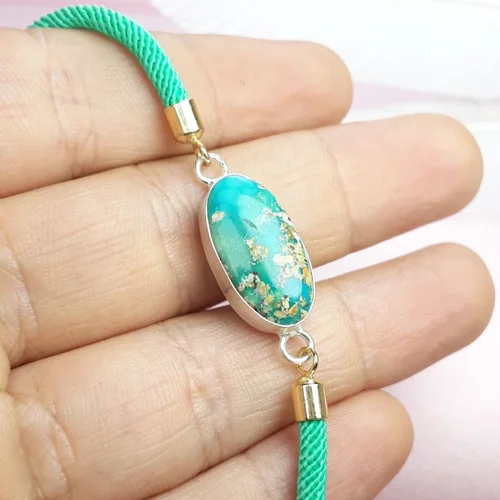 دستبند فیروزه نیشابوری اصل زنانه قاب نقره دست ساز