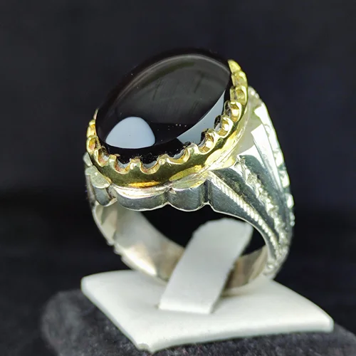 انگشترنقره عقیق یمنی مشکی اصل رکاب فیلی دست ساز