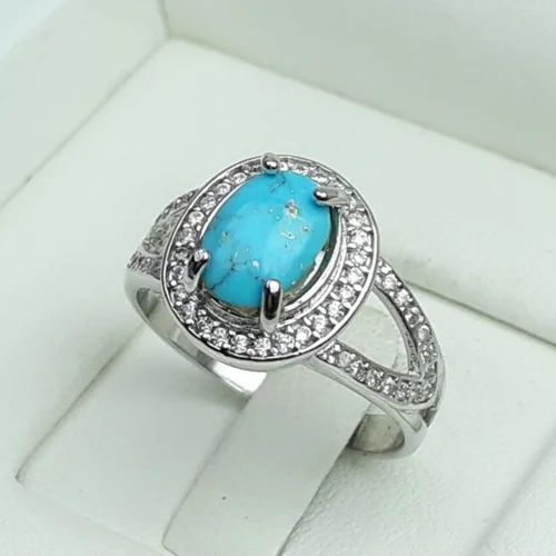 انگشتر نقره زنانه فیروزه نیشابور باز دوشاخه