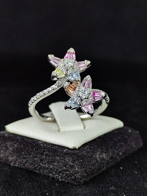 انگشتر نقره جواهری باگت های رنگی طرح گل