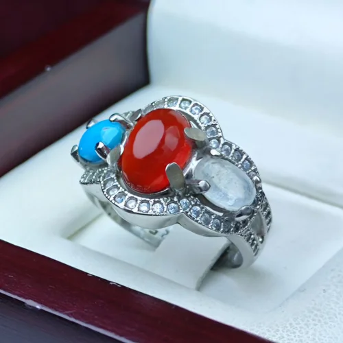 انگشترنقره زنانه سه نگین فیروزه نیشابوری اصل عقیق سرخ یمنی درنجف اصل اصل