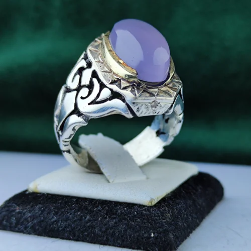 انگشتر نقره عقیق یمنی یاسی اصل مخراج دوقطعه برلیان اصل رکاب فیلی دست وماشین آینه کاری شده