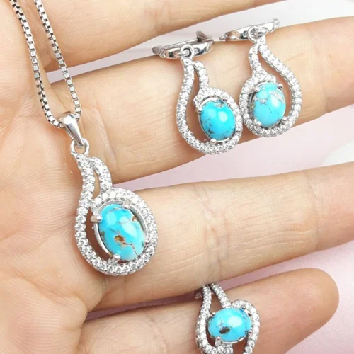 نیم ست زنانه نقره فیروزه نیشابور اصل همراه زنجیر