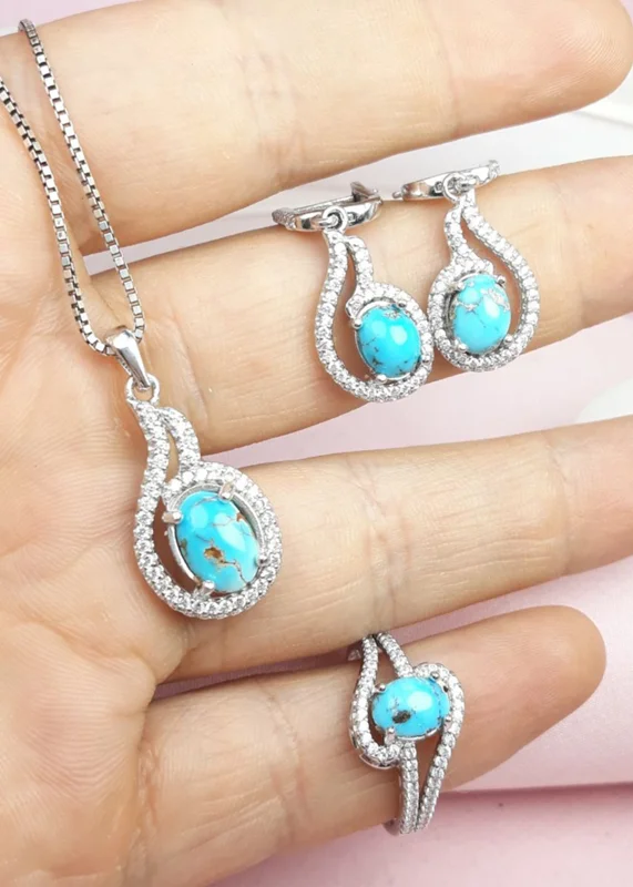 نیم ست زنانه نقره فیروزه نیشابور اصل همراه زنجیر