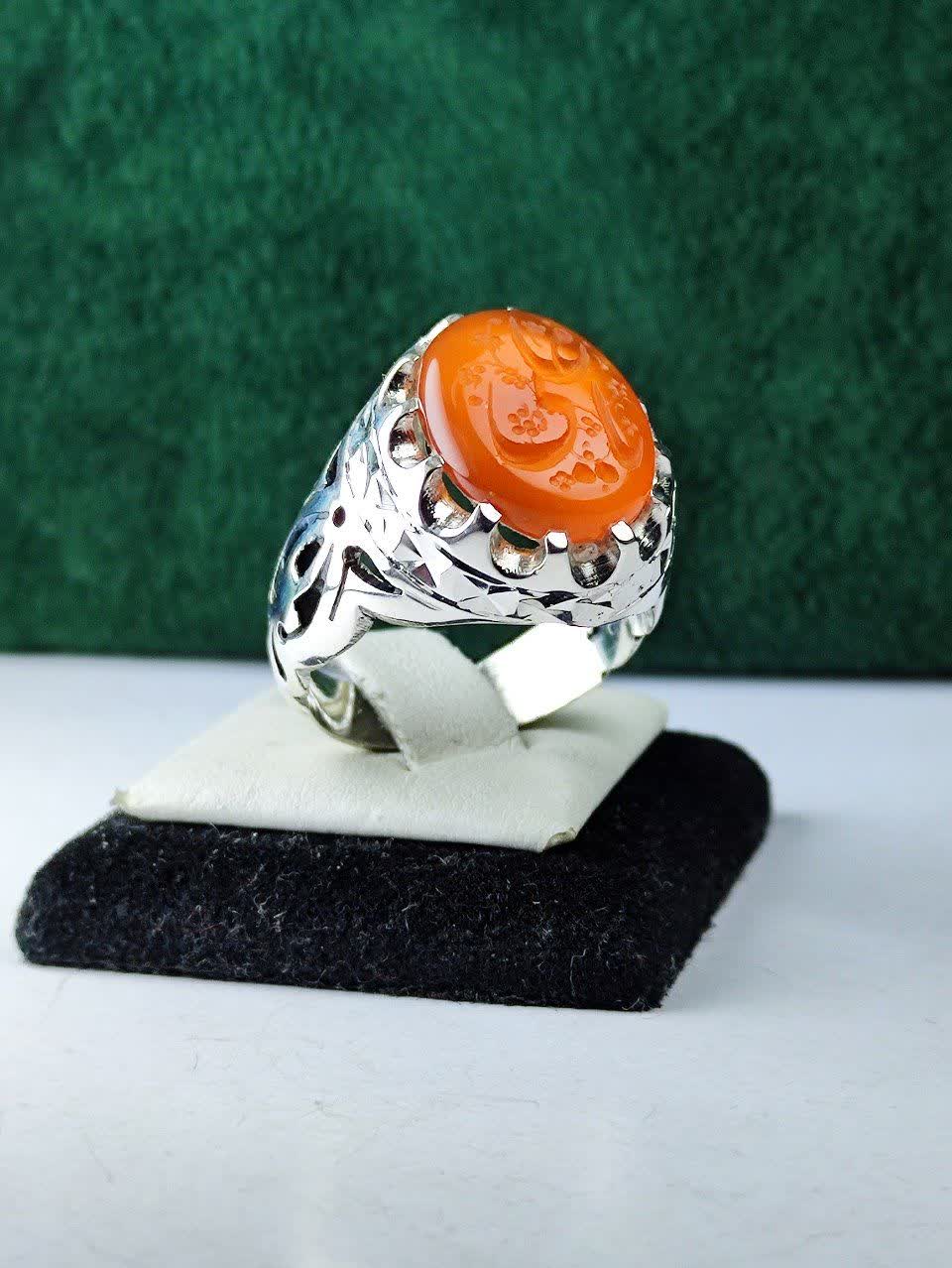 انگشتر نقره عقیق یمنی اصل  حکاکی یا علی (ع) رکاب فیلی چنگی دست ساز  شبکه و آینه کاری شده