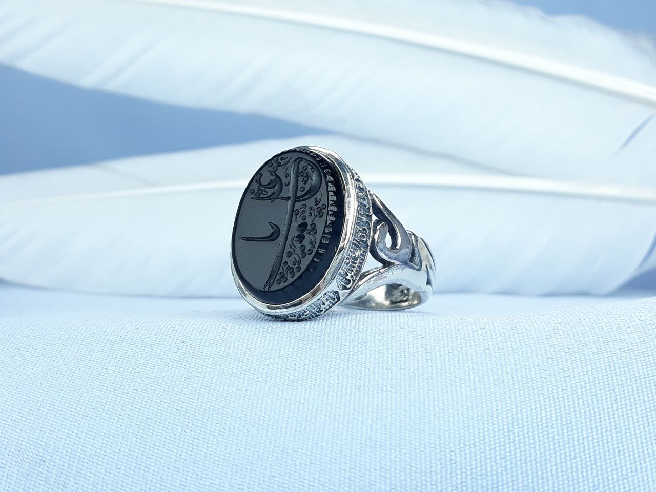 انگشتر نقره عقیق مشکی یا علی   رکاب ماشینی