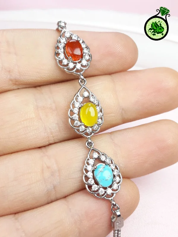 دستبند نقره عقیق زرد شرف الشمس اصل ۳ نگین،روکش آب رادیوم