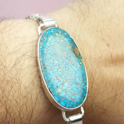 دستبند نقره فیروزه نیشابور اصل طرح شجر عنکبوتی قاب نقره دست ساز