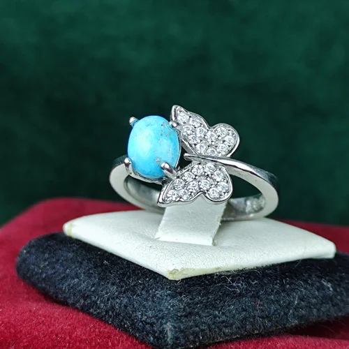 انگشتر نقره جواهری فیروزه نیشابوری  طرح پروانه