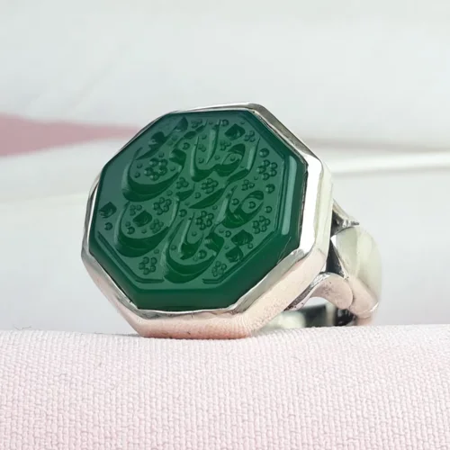 انگشترنقره عقیق سبز خطی حکاکی یا علی ابن موسی الرضا تراش هشت ضلعی