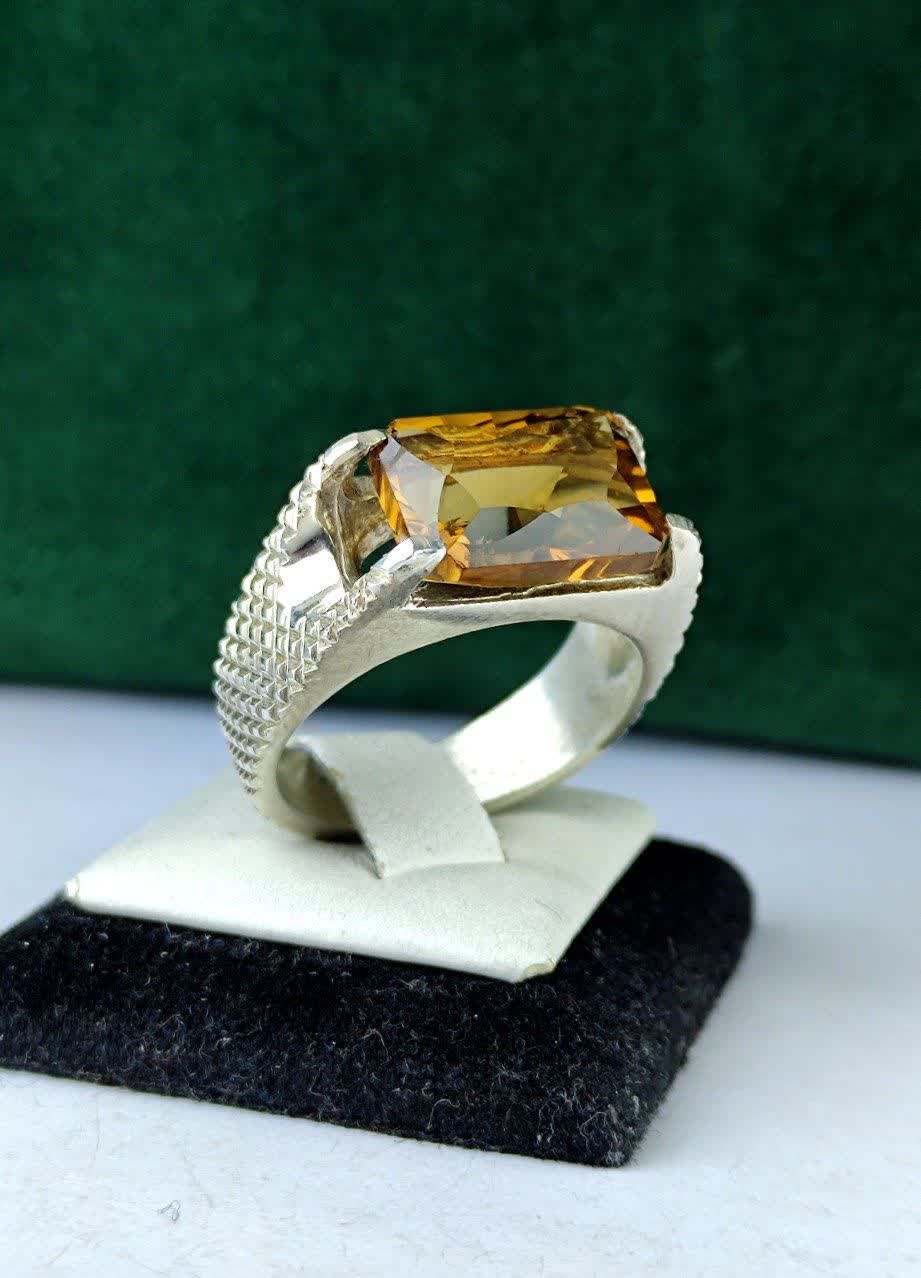 انگشتر نقره سیترین اصل چهار گوش لیزر تراش رکاب حصیری چهار چنگ دست ساز