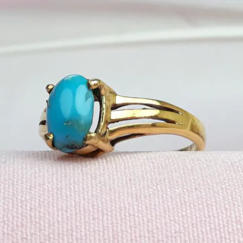 انگشترنقره فیروزه نیشابوری اصل زنانخ رکاب تایلندی آبکاری طلایی