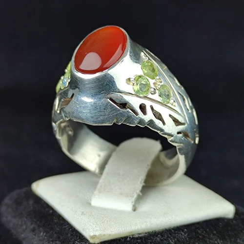 انگشترنقره عقیق یمنی اصل مخراج زبرجد اصل رکاب فیلی دست ساز