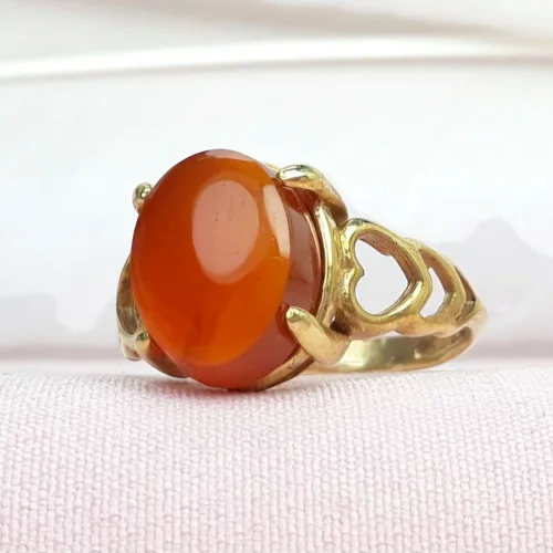 انگشتر نقره عقیق پرتقالی یمنی اصل چهارچنگ ابکاری طلایی