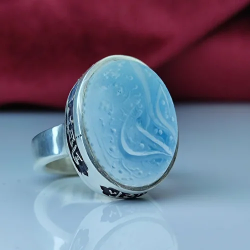 انگشتر نقره درنجف اصل زیر نگین فیروزه نیشابور اصل حکاکی نام مبارک علی