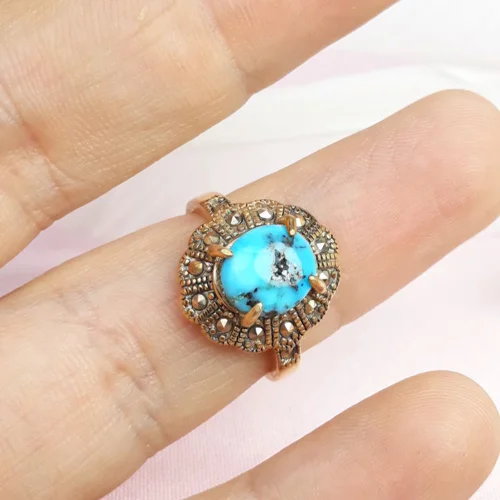 انگشترنقره زنانه فیروزه نیشابور اصل طرح مارکازیت آبکاری طلایی