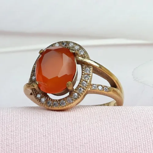 انگشتر نقره عقیق پرتقالی یمنی اصل زنانه تراش الماسی آبکاری طلایی