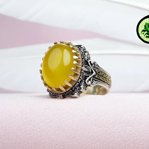 انگشترنقره عقیق زرد شرف الشمس اصل(دعای شرف الشمس)رکاب تاج برنجی
