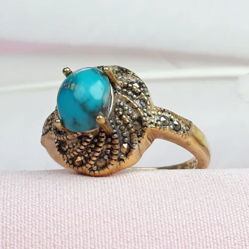 انگشترنقره فیروزه نیشابوری اصل رکاب طرح مارکازیت آبکاری طلایی