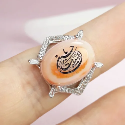 انگشترنقره عقیق سلیمانی زنانه خطی حکاکی لبیک یا حسین
