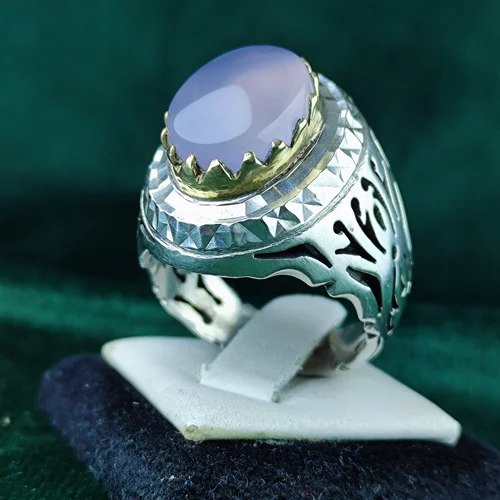 انگشتر نقره عقیق یمنی کبود رکاب فیلی چنگی دست ساز آینه کاری شده