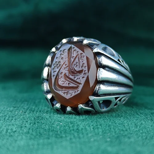 انگشتر نقره عقیق یمنی مشکی الماس تراش حکاکی حضرت علی علیه السلام رکاب فیلی چنگ اشکی