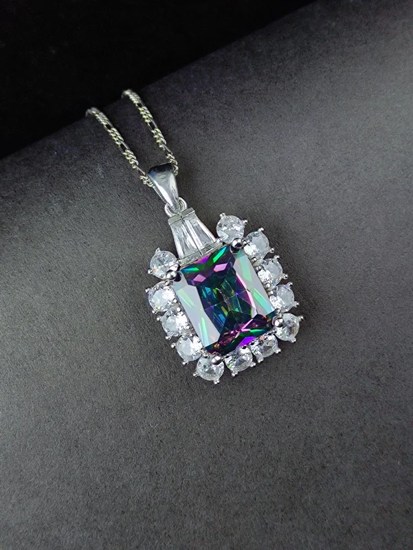 مدال نقره جواهری توپاز هفت رنگ چهار گوش