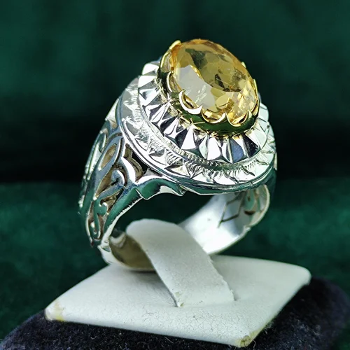 انگشتر نقره سیترین طلایی رکاب فیلی چنگی دست ساز