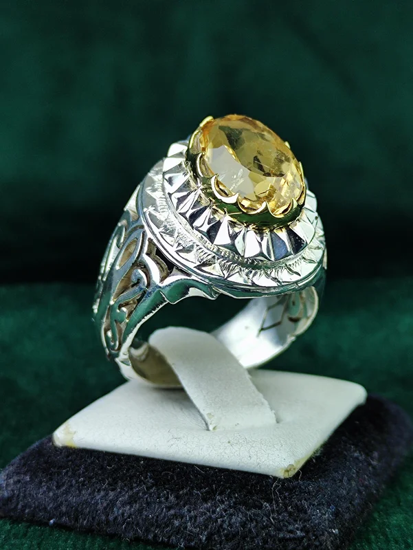 انگشتر نقره سیترین طلایی رکاب فیلی چنگی دست ساز