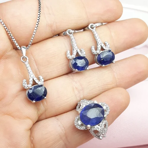 نیم ست نقره یاقوت کبود اصل روکش آب رادیوم