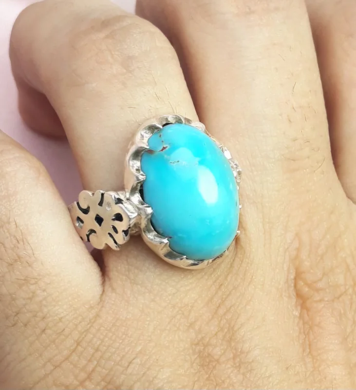 انگشتر نقره فیروزه نیشابور احیا شده اصل رکاب دست ساز پشت بسته چنگ دار بغل گل