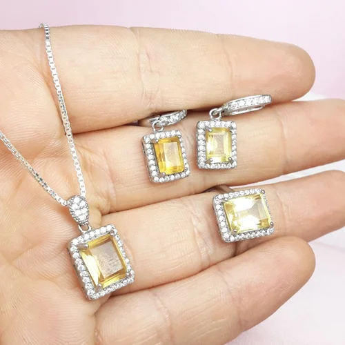 نیم ست نقره سیترین چهارگوش روکش آب رادیوم بدون زنجیر