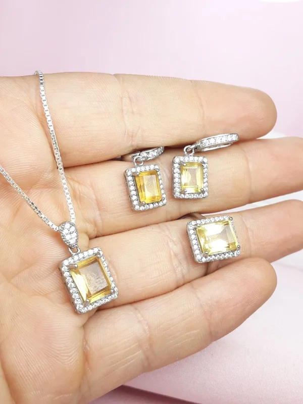 نیم ست نقره سیترین چهارگوش روکش آب رادیوم بدون زنجیر