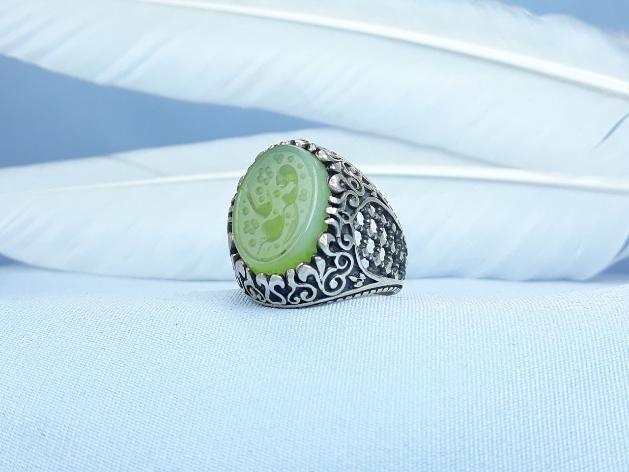 انگشتر نقره عقیق سبز کاهویی یا رقیه  رکاب ماشینی