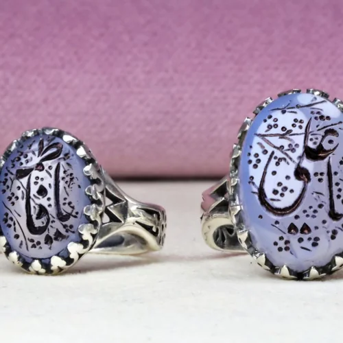 ست انگشتر عقیق کبود یمنی اصل خطی حکاکی یا علی و یا فاطمه اثر استاد فاضل زاده