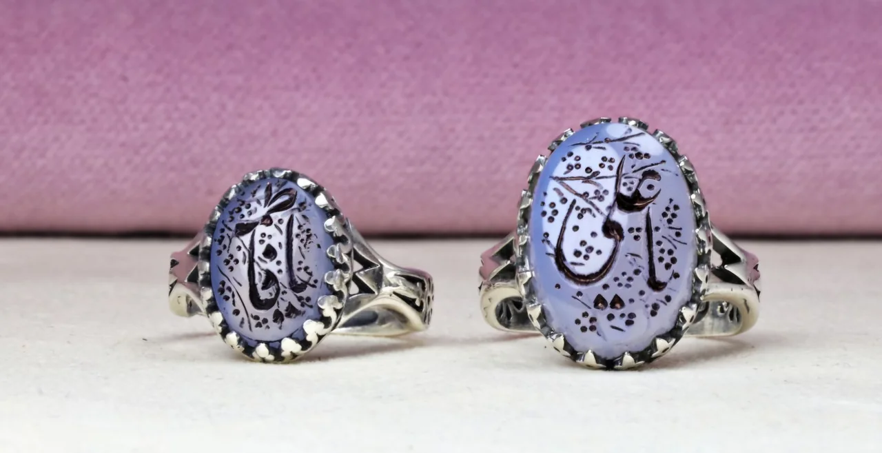 ست انگشتر عقیق کبود یمنی اصل خطی حکاکی یا علی و یا فاطمه اثر استاد فاضل زاده