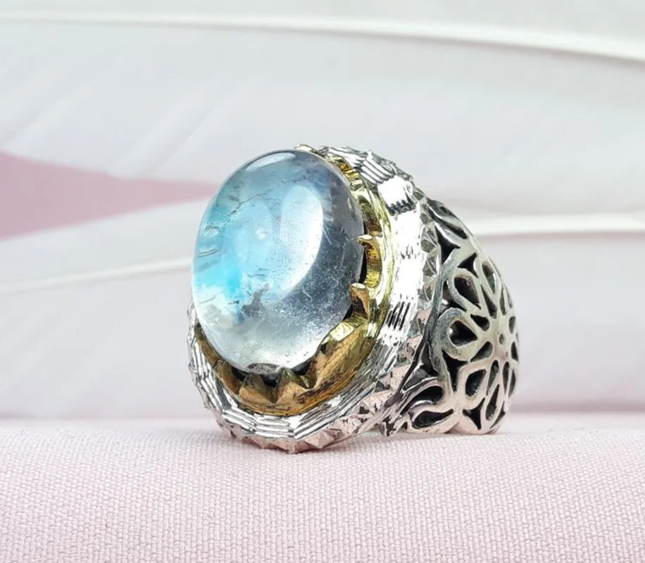 انگشتر نقره درنجف و فیروزه نیشابوری اصل رکاب دست ساز تاج برنجی شبکه کاری شده