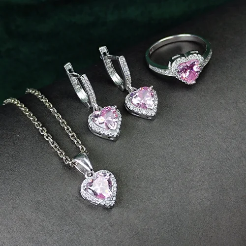 نیم ست نقره جواهری سنتاتیک صورتی قلبی تراش