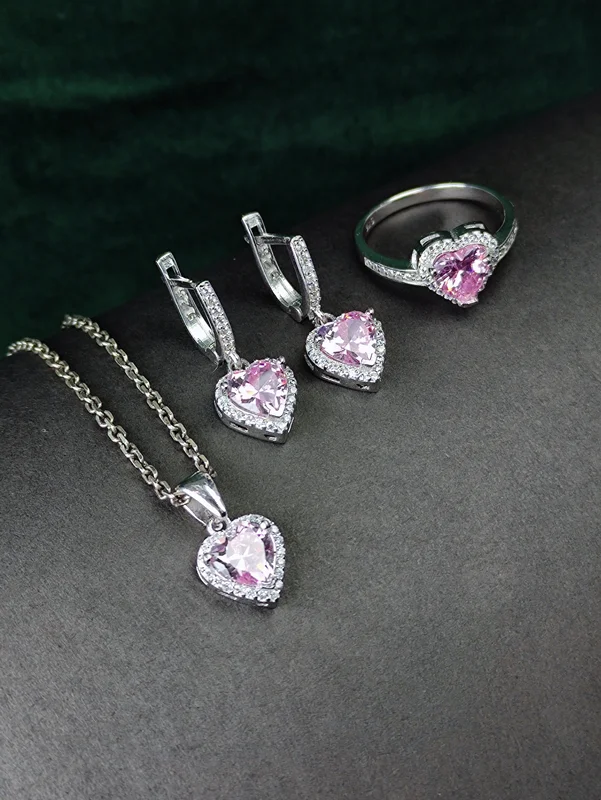 نیم ست نقره جواهری سنتاتیک صورتی قلبی تراش