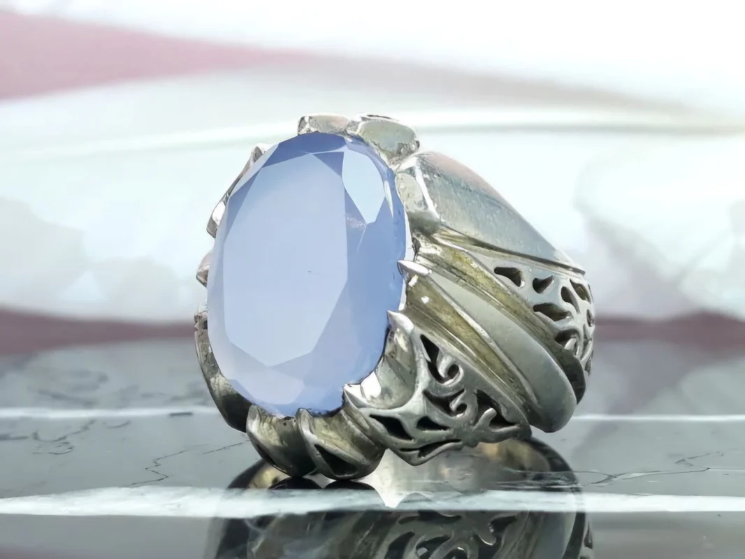 انگشتر نقره عقیق یمنی کبود رکاب دست ساز الماس تراش