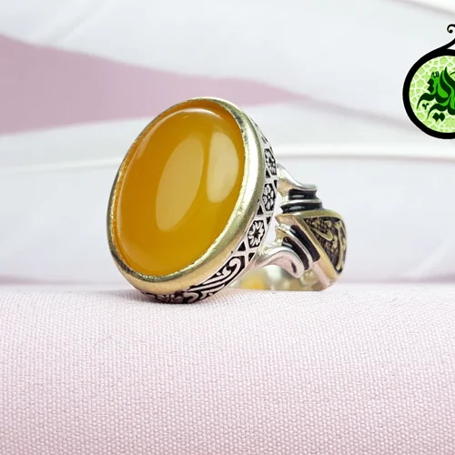 انگشترنقره عقیق زرد شرف الشمس اصل(مزین به دعای شرف الشمس)بغل رکاب یا زینب تاج برنجی