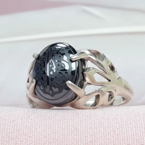 انگشتر نقره زنانه حدید خطی حکاکی پنج تن