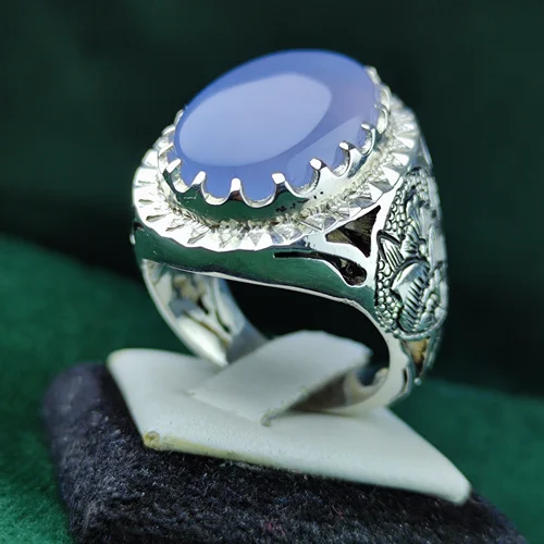 انگشترنقره عقیق کبود یمنی اصل رکاب فیلی دست ساز شبکه کاری شده