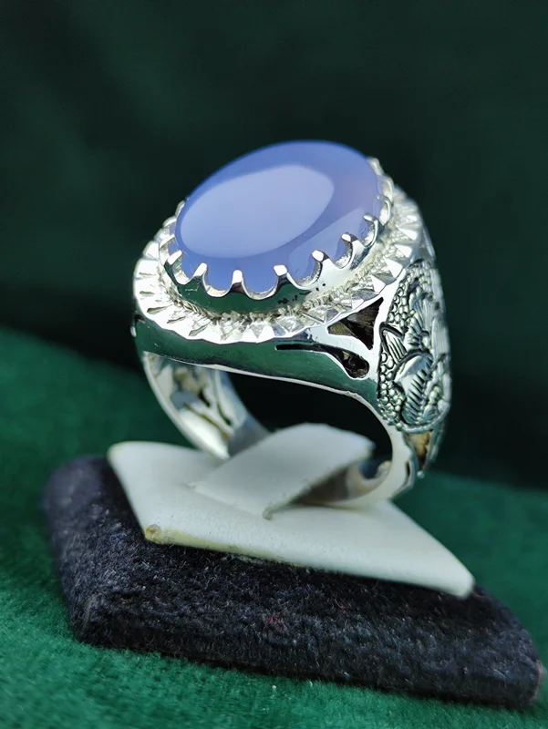 انگشترنقره عقیق کبود یمنی اصل رکاب فیلی دست ساز شبکه کاری شده