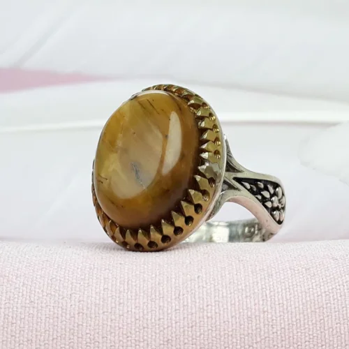 انگشتر نقره تایگر یا چشم ببر رکاب ماشینی تاج برنجی طرح سیاه قلم