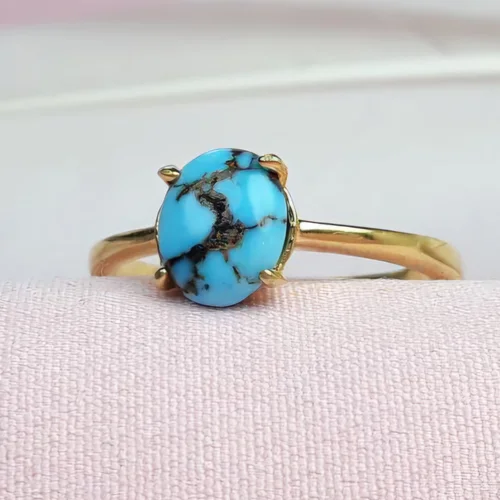 انگشترنقره فیروزه نیشابوری اصل زنانه رکاب تایلندی آبکاری طلایی