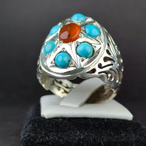 انگشترنقره هفت نگین عقیق یمنی و فیروزه نیشابوری اصل رکاب دست ساز