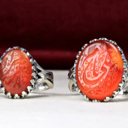 ست انگشتر نقره عقیق سرخ یمنی اصل حکاکی یا علی و یا زهرا اثر استاد فاضل زاده